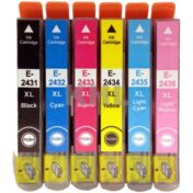 Cartouches d'encre E-2431 XL Noir, E-2432 XL Cyan, E-2433 XL Magenta, E-2434 XL Jaune, E-2435 XL Cyan Clair et E-2436 XL Magenta Clair, compatibles avec les imprimantes correspondantes.